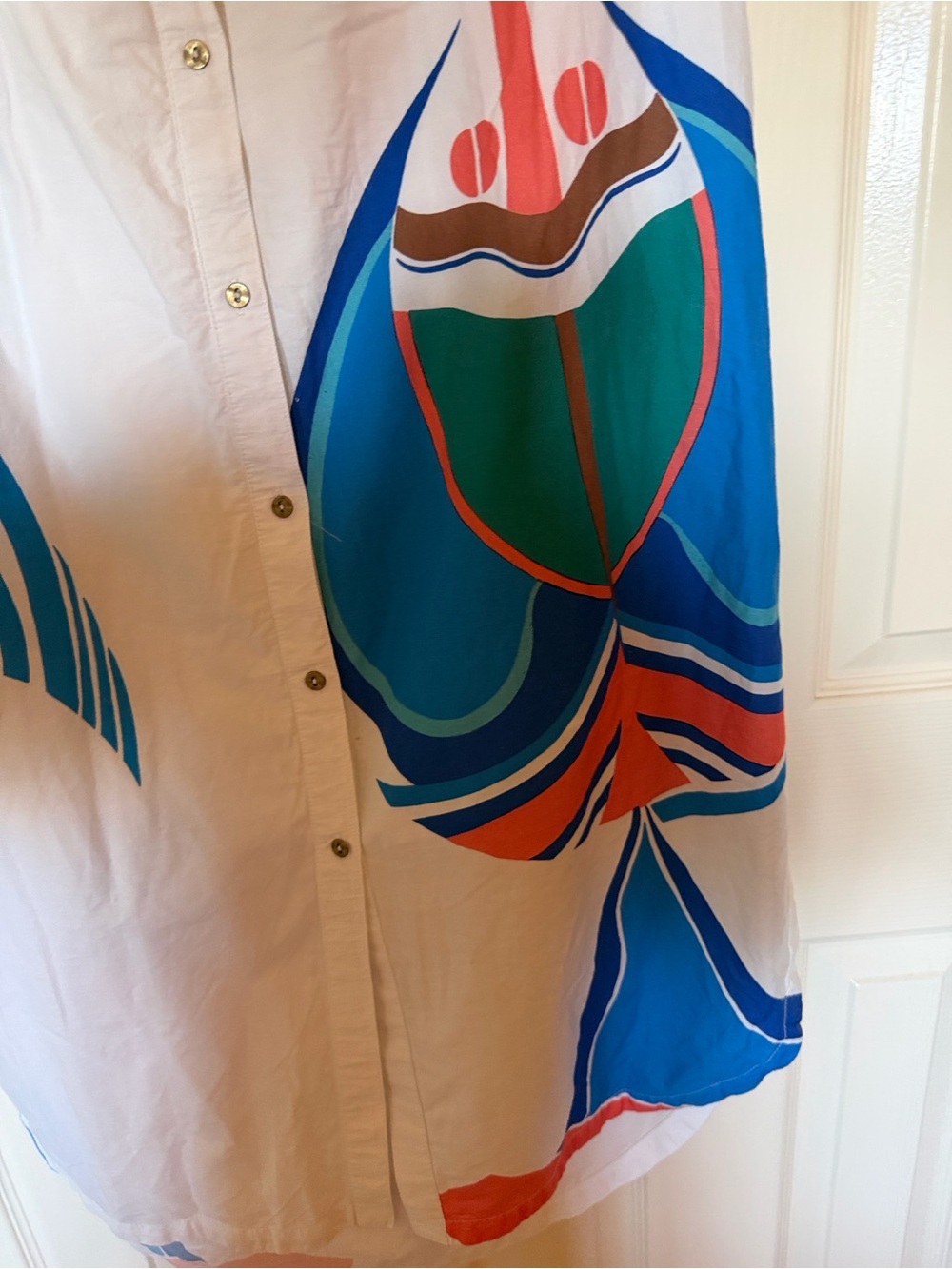 Maeve White Sleeveless Button-Front Maxi Dress with Blue and Coral Print - Picture 4 of 9